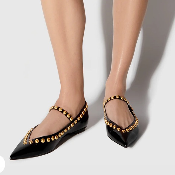 Rebecca Minkoff Milan Black and Gold Studded Mary Jane Pointed Toe Flats - Picture 10 of 12